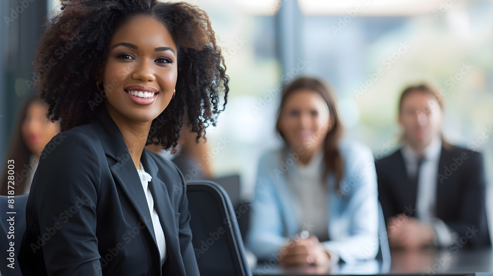 smiling black businesswoman looking at camera in office smiling black businesswoman looking at camera in office