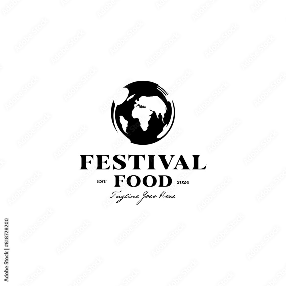 Fototapeta premium Food festival logo, with fork, spoon and world map as design symbols