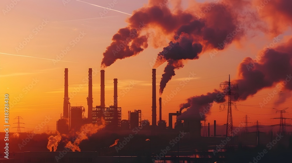 industrial plant with smokestacks emitting plumes of smoke in sunset