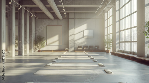 Industrial Zen Space  Yoga Studio with Concrete Floors and Panoramic Window Views