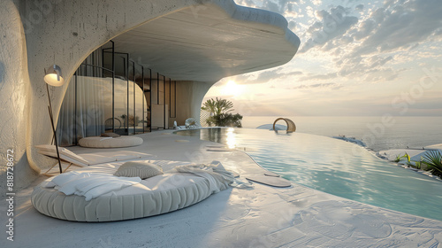 Futuristic white house with pool at the seashore