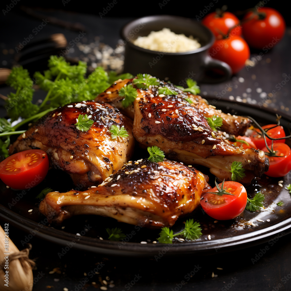 Grilled chicken legs with sesame seeds and parsley on black background Grilled chicken legs with sesame seeds and parsley on black background