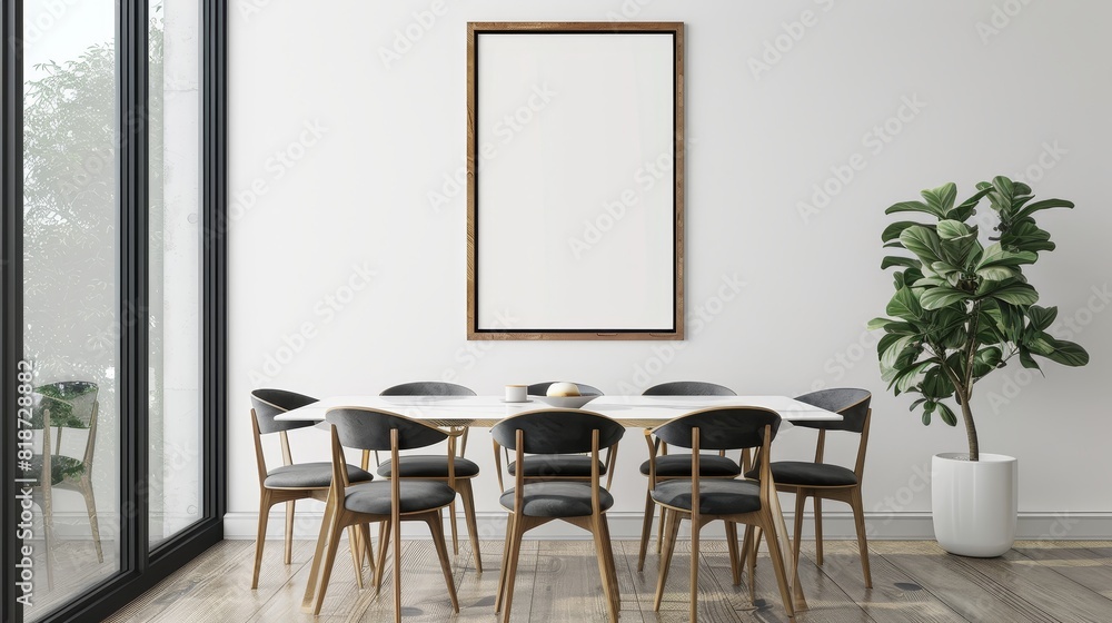 Contemporary Dining Space with Natural Light and Greenery, Frame Mockup, Perfect for Interior Design Inspiration and Home Decor Contemporary Dining Space with Natural Light and Greenery, Frame Mockup, Perfect for Interior Design Inspiration and Home Decor