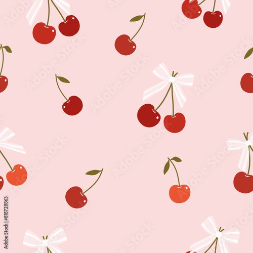 red ,orange , peach  cherry  with  striped white bow  seamless pattern