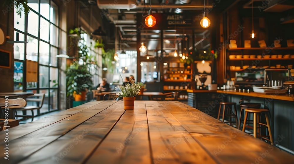 a wooden table with potted plant in modern restaurant 