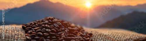 Freshly ground coffee beans on a burlap sack, close up, focus on the texture of the beans, deep and vibrant colors,  silhouette with mountain peaks at sunrise photo