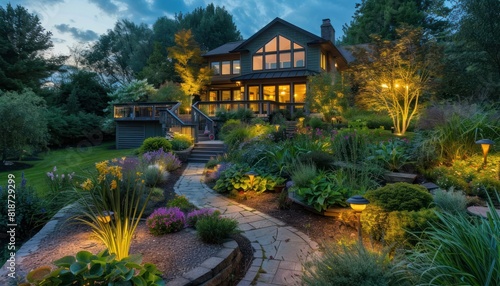 A Welcoming Path Through a Lush Garden to a Warmly Lit Home. Generative AI