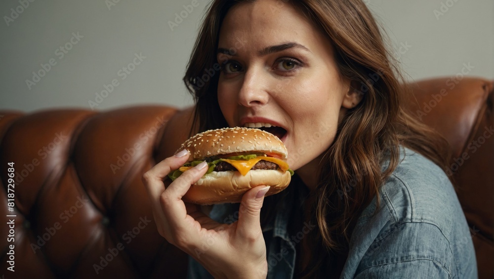 Woman Enjoying a Hamburger on a Couch
Woman Enjoying a Hamburger on a Couch