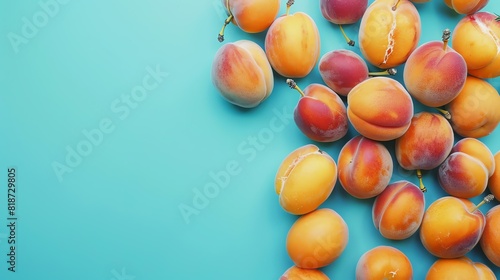 A close-up image of a pile of fresh apricots on a blue background. The apricots are ripe and juicy, with a golden orange color. photo