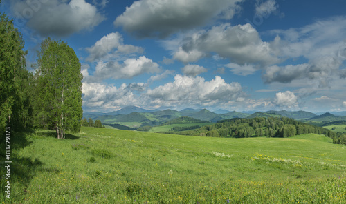 View of a summer day in the mountains  green meadows  mountain slopes and hills  countryside 