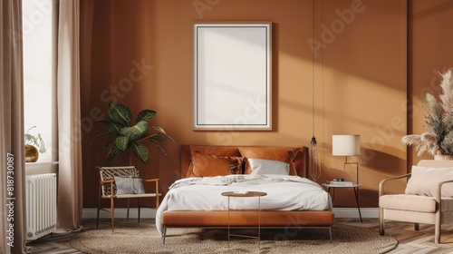 Contemporary Bedroom with Orange Walls and Natural Light  Frame Mockup  Ideal for Modern Home Decor and Interior Design Ideas