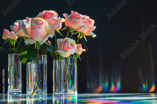 Colorful Roses in Glass Vases with Rainbow Light Reflections on Dark Background
