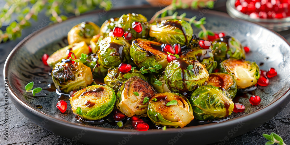 Roasted Brussels Sprouts with Balsamic Glaze and Fresh Pomegranate Seeds on a Plate