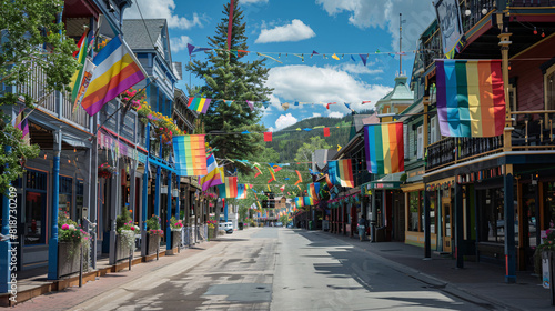 4. A picturesque main street with pride flags lining the sidewalks and hanging from balconies, emphasizing a welcoming and supportive community photo