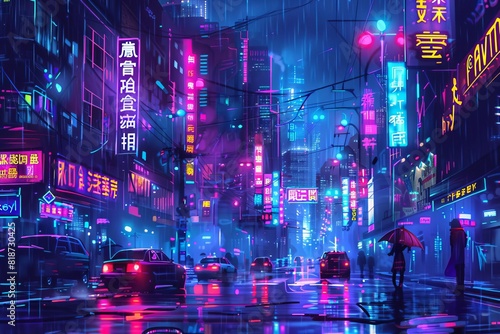 captivating night city street scene neon lights and cyberpunk vibes digital illustration