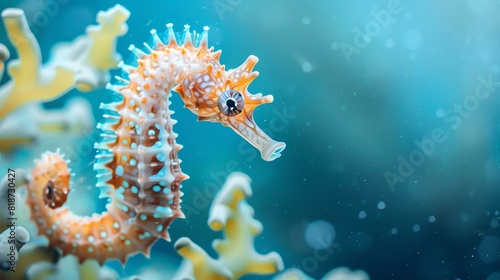 This is a stunning close-up photo of a seahorse. The seahorse is orange and white, with a long, snout-like mouth and a curled tail.