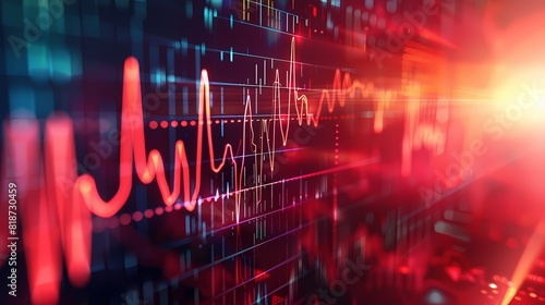Graphical illustration of stock market trends akin to a heartbeat monitor, illustrating the fluctuating pulse of the market, captured with HD precision.