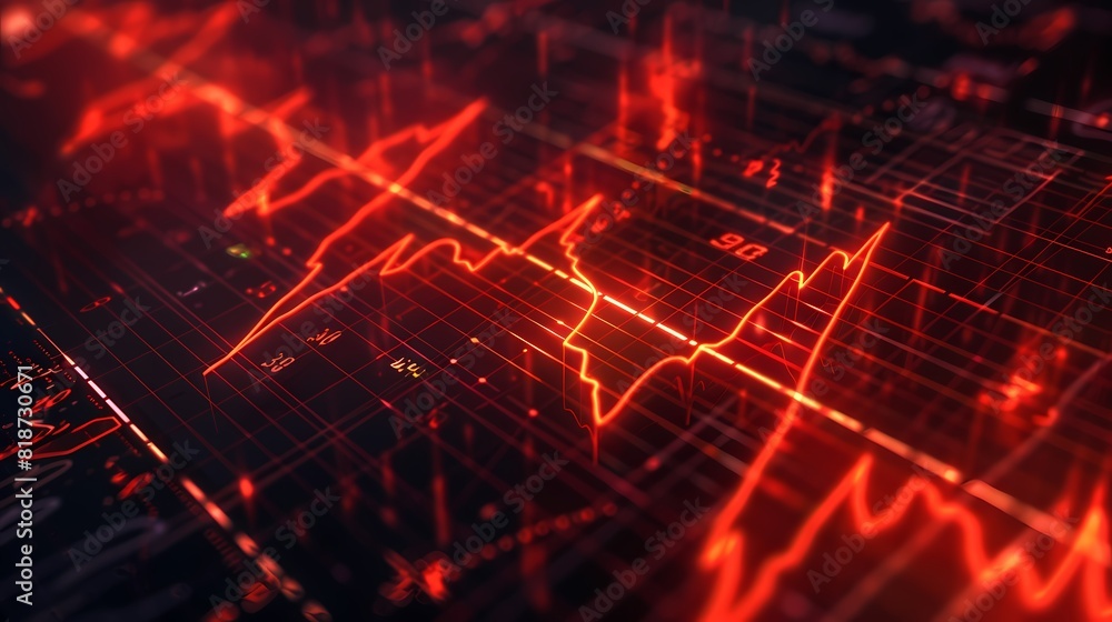 Graphical illustration of stock movements akin to a heartbeat monitor, illustrating the fluctuating pulse of the market, captured in crisp HD quality.