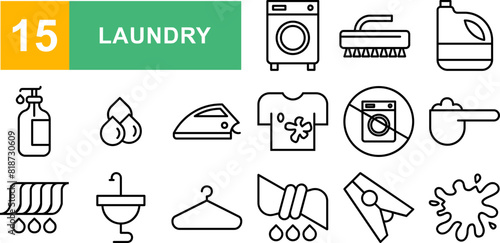 set of 15 outline web laundry icons such as spray bottle, rinse, laundry room, do not wash, no bleach, freshener, dry clean, washing hine vector thin line icons for web design, mobile app.
