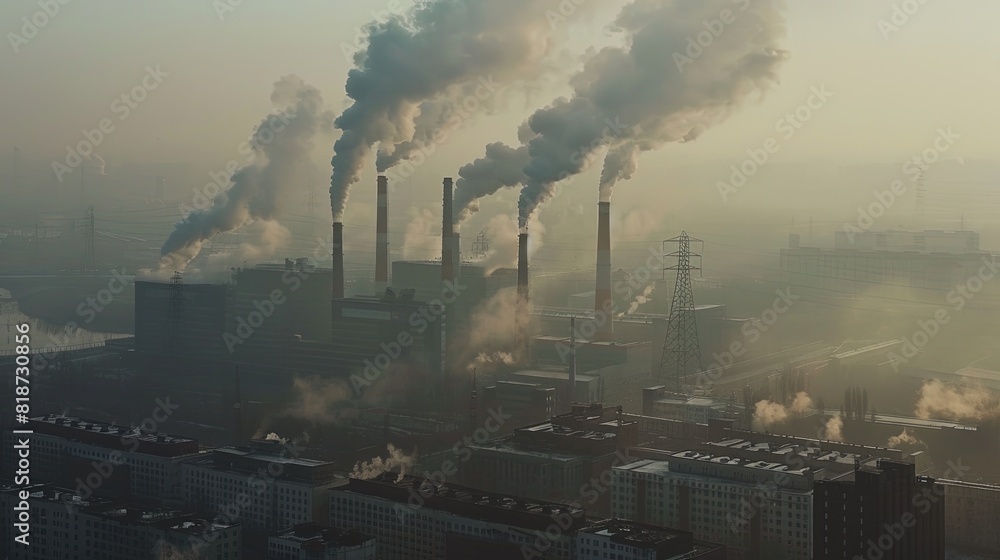 Air pollution from industrial chimneys, environmental concerns.