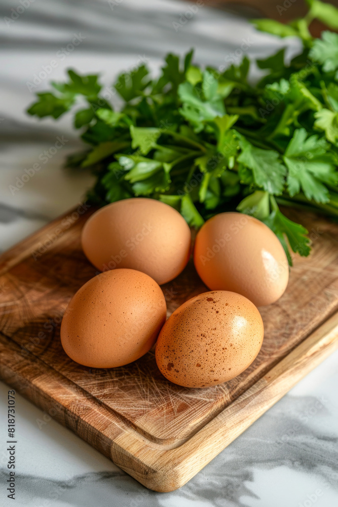 Brown Eggs on Wooden Cutting Board with Fresh Parsley on Marble Countertop Brown Eggs on Wooden Cutting Board with Fresh Parsley on Marble Countertop
