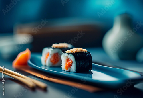 A piece of Sushi, blue background 