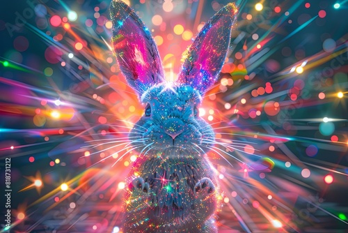 Smiling Electro Bunny Rabbit floating inside the Electro Dynamic vibrant shapes and colorful bursts of electronic dance music