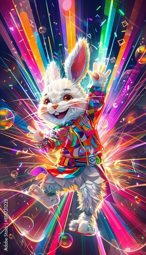 Smiling Electro Bunny Rabbit floating inside the Electro Dynamic vibrant shapes and colorful bursts of electronic dance music smartphone wallpaper