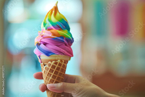 A person is holding a rainbow ice cream cone. The ice cream is colorful and has a swirl pattern. The scene is cheerful and playful © Image-Love