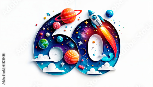 Colorful “60” design featuring planets, rockets, and stars in a space theme. Perfect for 60th anniversaries, space-themed events, educational purposes, or tech companies. Copy space available.