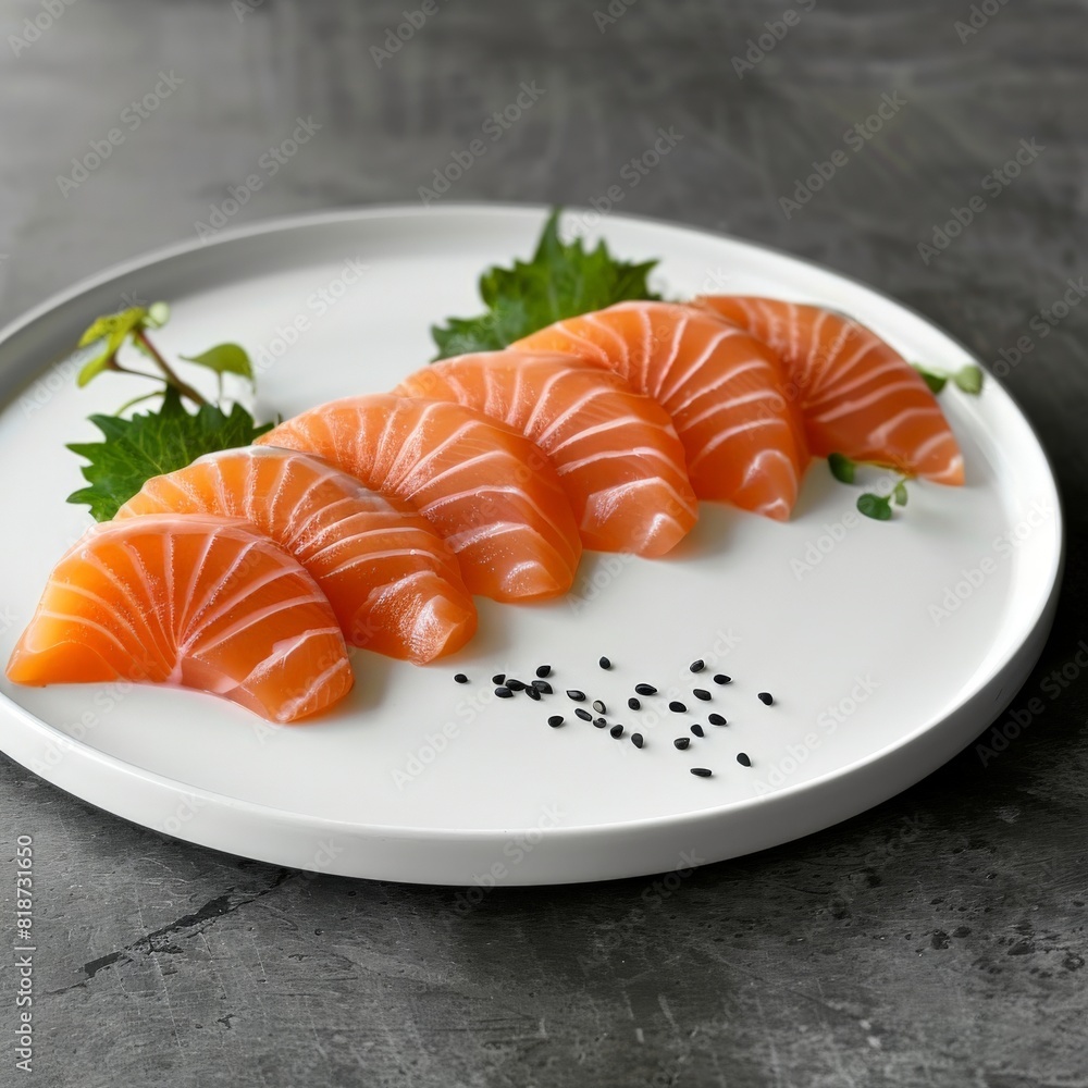 Simple yet elegant salmon sashimi arrangement on a minimalist white plate, perfect for health-conscious dining, with ample copy space Simple yet elegant salmon sashimi arrangement on a minimalist white plate, perfect for health-conscious dining, with ample copy space