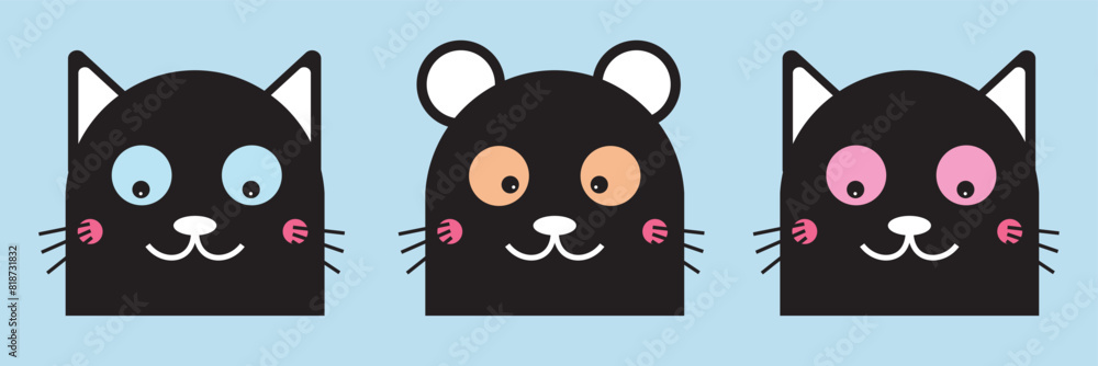 Cat face head set. Line contour silhouette icon. Funny kawaii smiling sad doodle animal eps10 Cat face head set. Line contour silhouette icon. Funny kawaii smiling sad doodle animal eps10