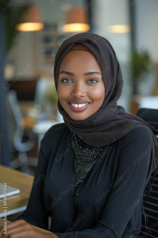 A woman wearing a black scarf and a black shirt is smiling at the camera. She is sitting at a desk with a laptop in front of her A woman wearing a black scarf and a black shirt is smiling at the camera. She is sitting at a desk with a laptop in front of her