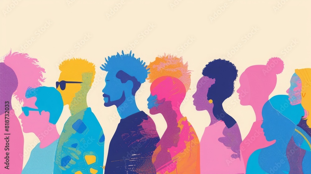 Colorful silhouettes of a diverse and multicultural community. Illustration of a multiethnic group of people, portrais Colorful silhouettes of a diverse and multicultural community. Illustration of a multiethnic group of people, portrais