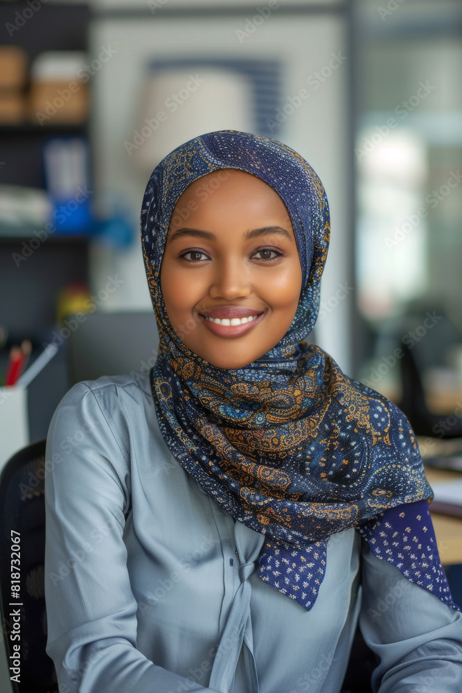 A woman wearing a blue and gold scarf is smiling at the camera. She is sitting at a desk with a laptop and a book A woman wearing a blue and gold scarf is smiling at the camera. She is sitting at a desk with a laptop and a book