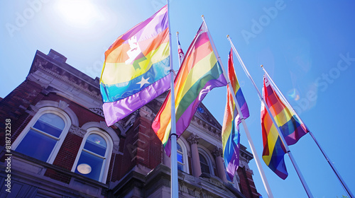 5. A town hall building prominently displaying LGBTQ+ pride flags, symbolizing civic pride and inclusivity photo