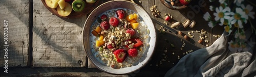 Bowl of cereal with fruit and nuts on the table. Food background  photo