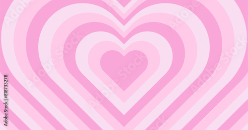 Abstract retro background with tunnel pink heart in trendy 70s, 80s style. Monochrome horizontal wallpaper.