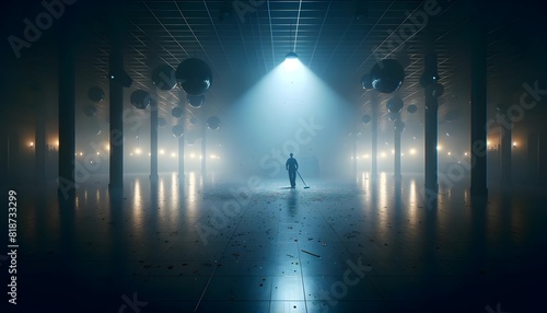 A man cleans an empty hall after a disco party, with scattered confetti and dim lighting creating a nostalgic feel.