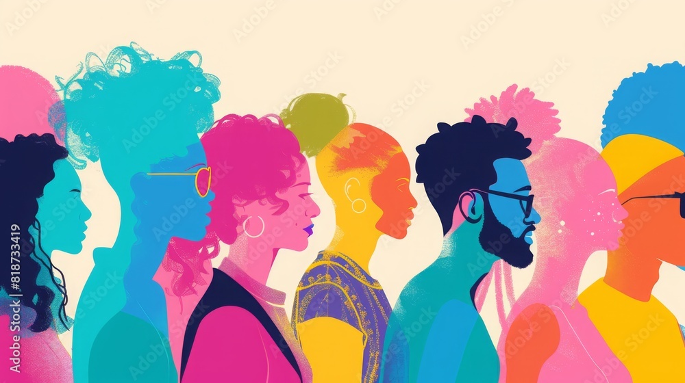 Colorful silhouettes of a diverse and multicultural community. Illustration of a multiethnic group of people, portrais Colorful silhouettes of a diverse and multicultural community. Illustration of a multiethnic group of people, portrais
