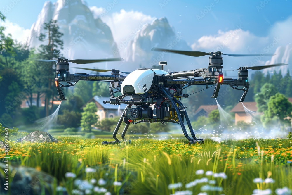 Smart farming with drone technology for sustainable agriculture, crop spraying, and precision care in lush green fields. Smart farming with drone technology for sustainable agriculture, crop spraying, and precision care in lush green fields.