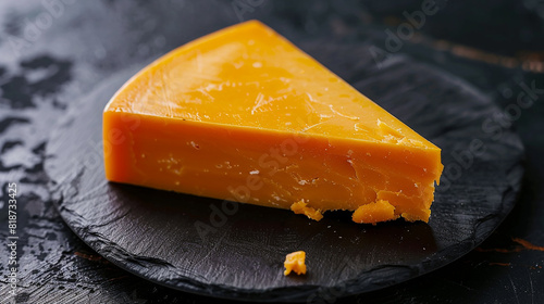 A wedge of sharp cheddar cheese with a rich golden hue, crumbling at the edges, on a dark slate plate.