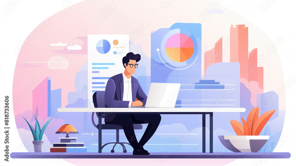 Illustration of a businessman in a suit working on a laptop in a modern office with graphs and cityscape in the background.
Illustration of a businessman in a suit working on a laptop in a modern office with graphs and cityscape in the background.