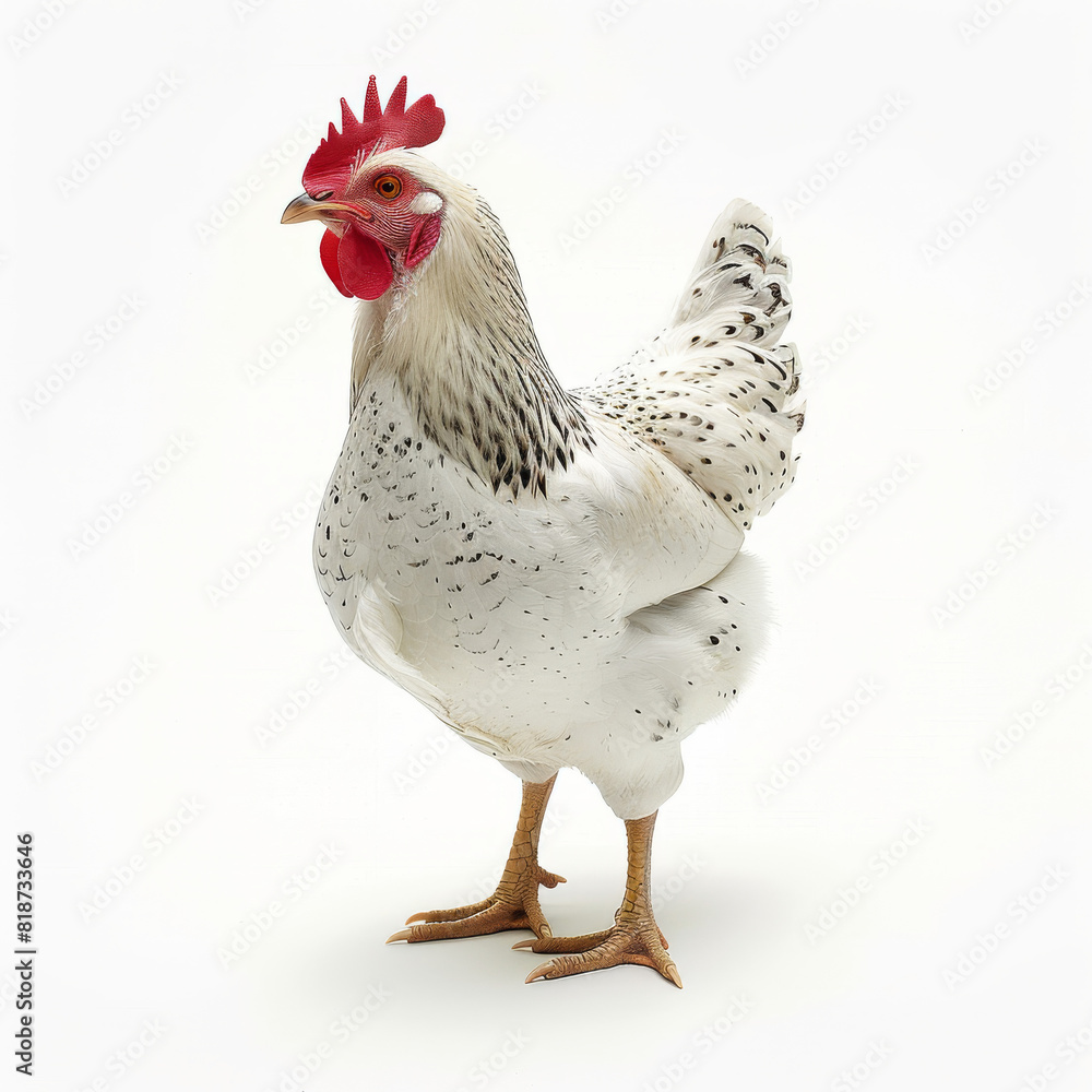 A white chicken with a red beak stands on a white background. The chicken is the main focus of the image, and it is standing still and looking straight ahead