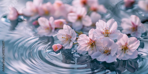 Delicate Cherry Blossoms Floating on Water with Gentle Ripples   Tranquil Springtime Scene