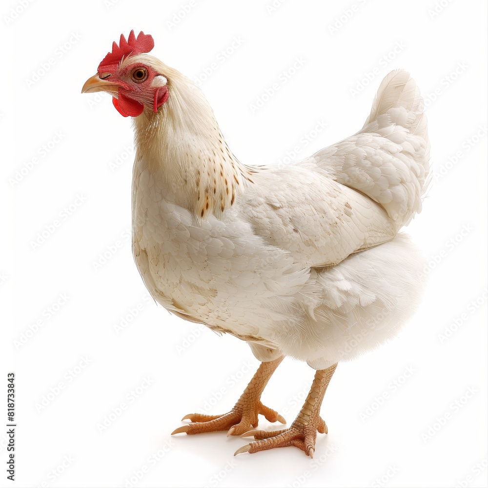 A white chicken stands on a white background. The chicken is looking at the camera. The image has a calm and peaceful mood