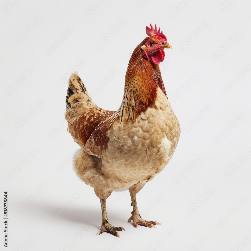 A chicken stands in front of a white background. The chicken is looking to the right