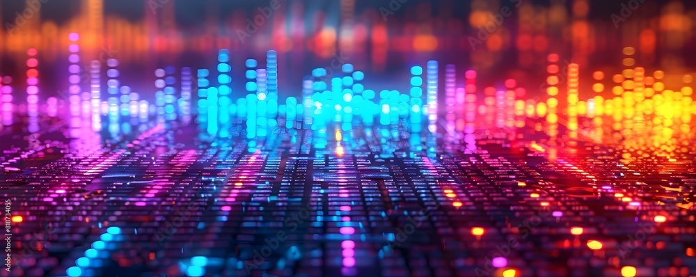 Flashing Neon Music Equalizer for Audio Product Showcase with Vibrant Multicolored Background Flashing Neon Music Equalizer for Audio Product Showcase with Vibrant Multicolored Background