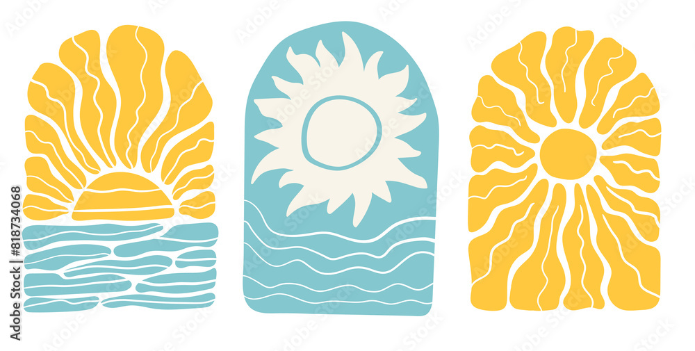 Set of abstract modern sun and seascape. Background with bright sunburst in style 60s, 70s. Vector illustration Set of abstract modern sun and seascape. Background with bright sunburst in style 60s, 70s. Vector illustration