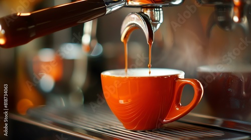 Close-up of a barista pouring a freshly brewed espresso into a ceramic cup. photo